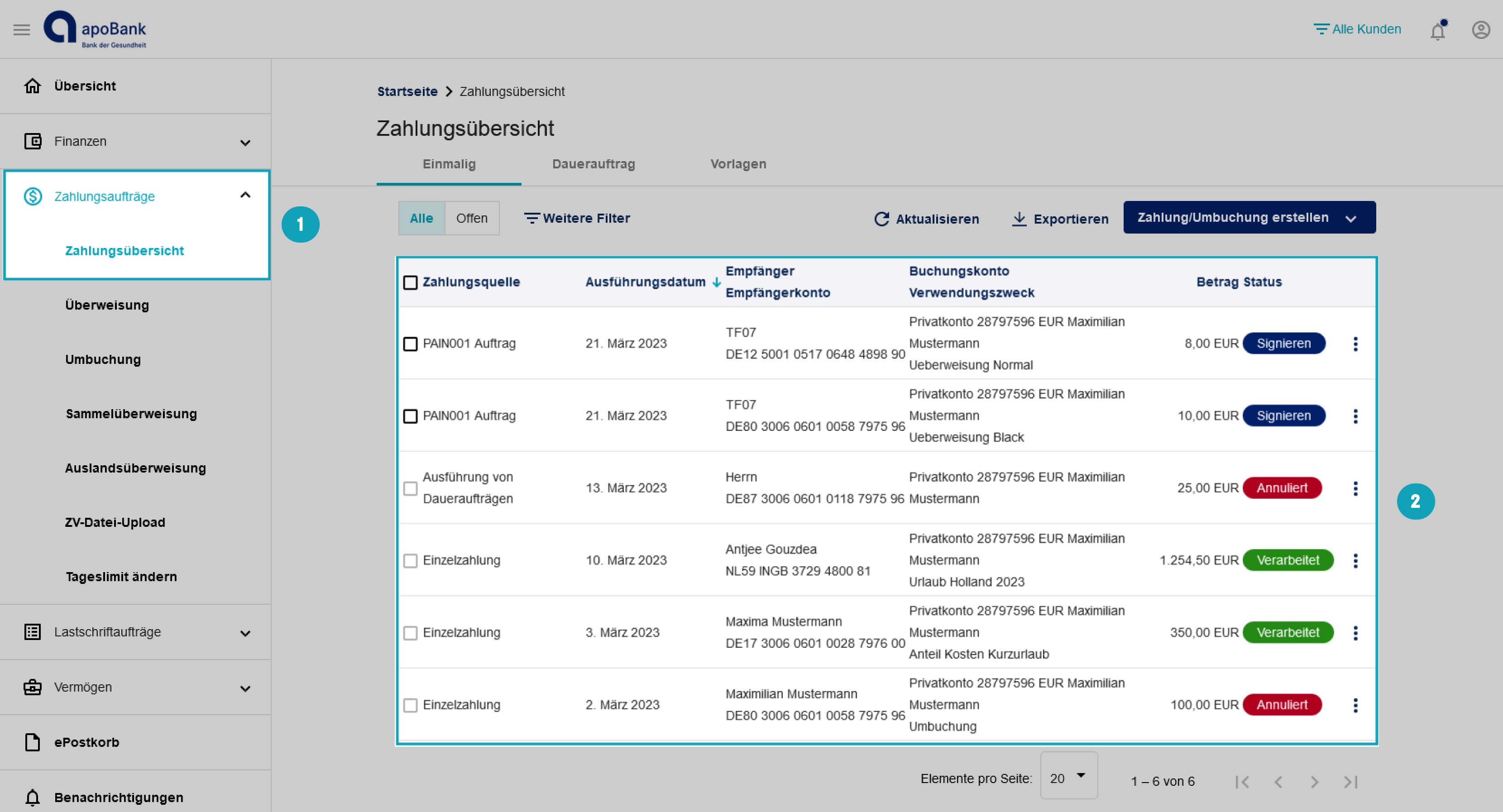 Der Screenshot zeigt, wie Sie Ihrer Konten nach Ihren Präferenzen sortieren, filtern und exportieren können.