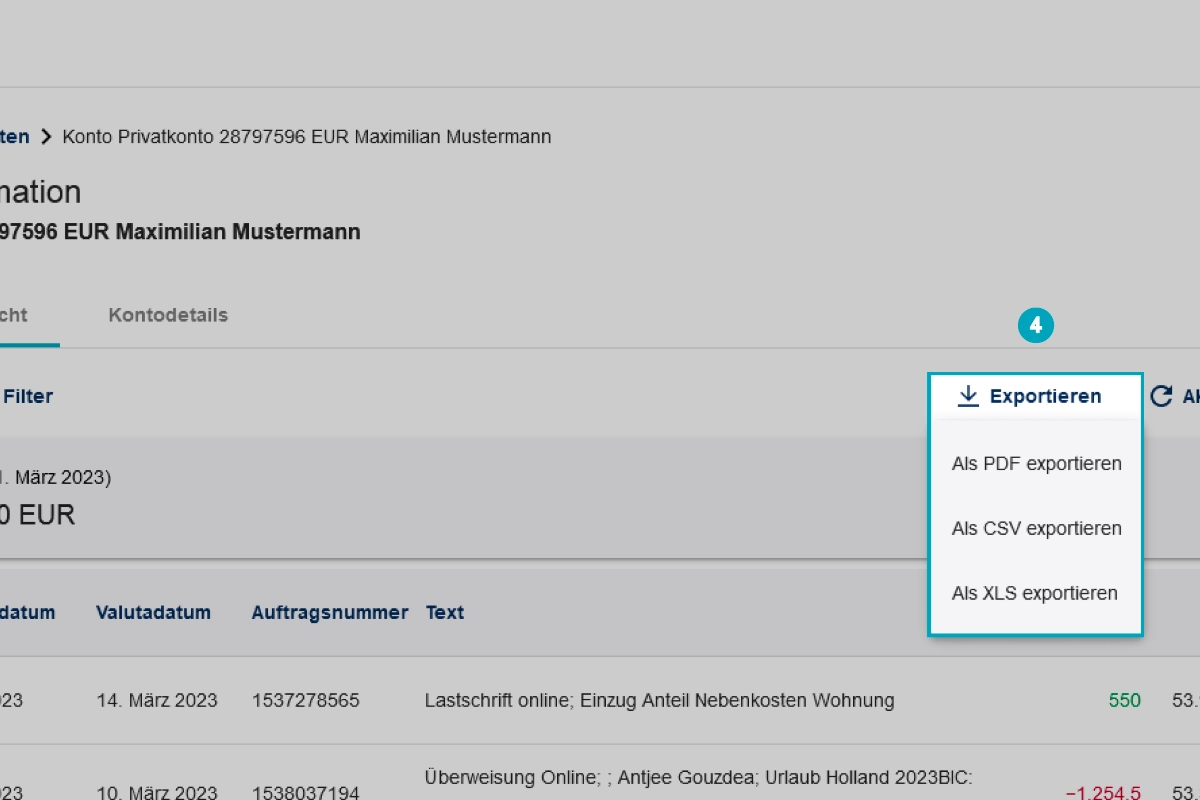 Screenshot der Navigationspunkte zur Umsatzübersicht im Online-Banking.