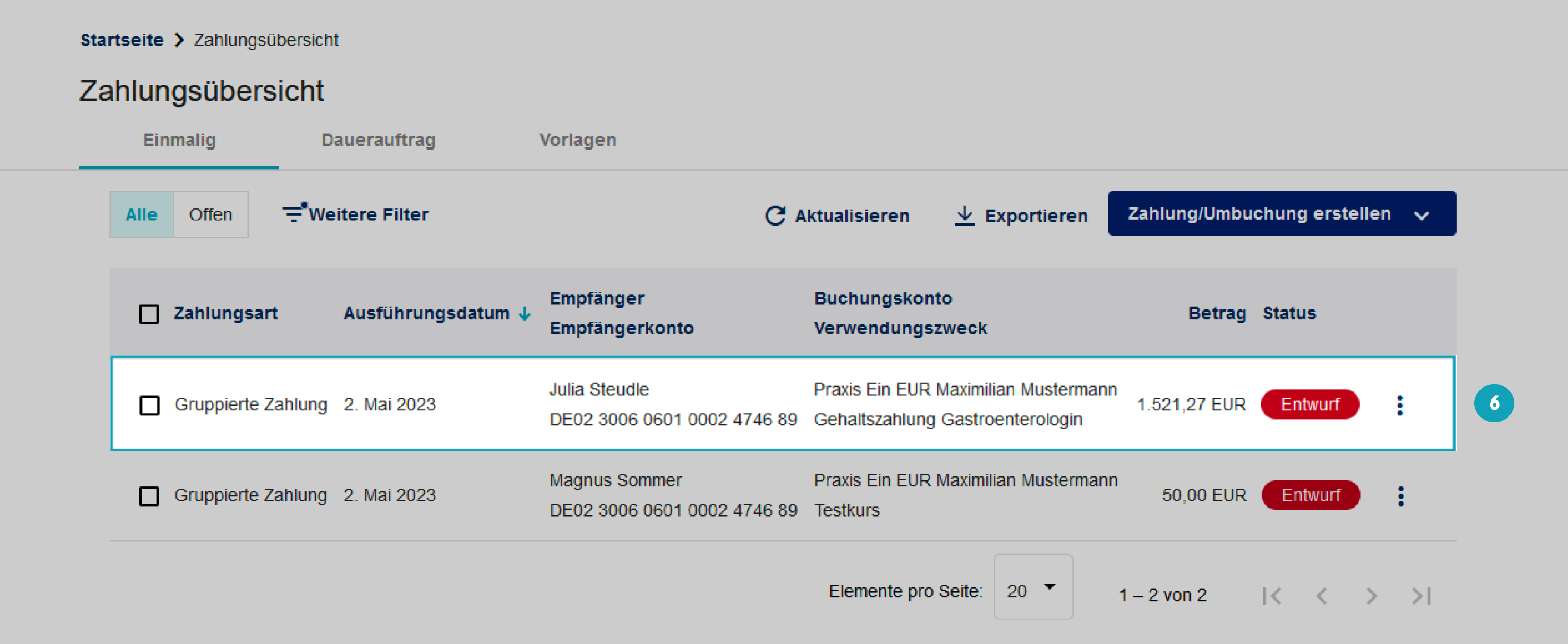 Das Bild zeigt die Übersicht aller gruppierten Zahlungen.