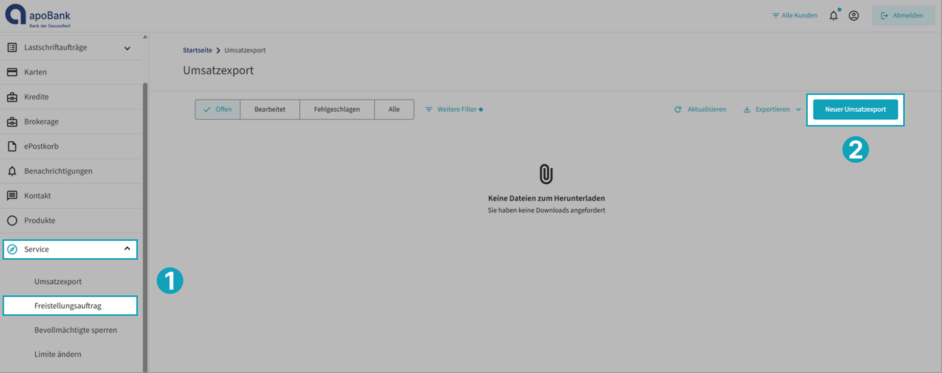 Online-Banking-Umgebnung mit Menüpunkt "Finanzen" / “Umsatzexport” ausgewählt 