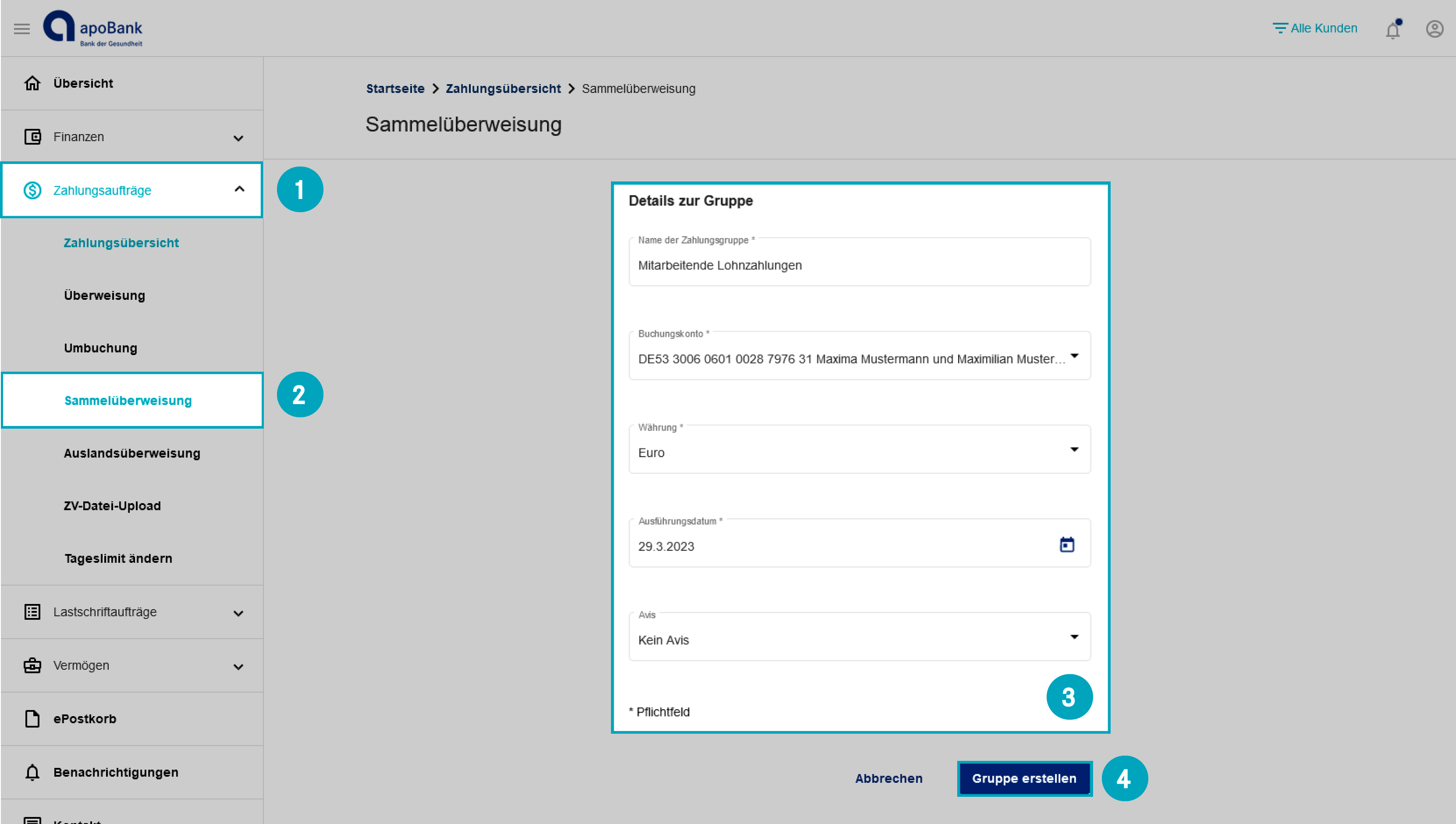Der Screenshot zeigt, wie Sie eine Gruppe für eine Sammelüberweisung erstellen.