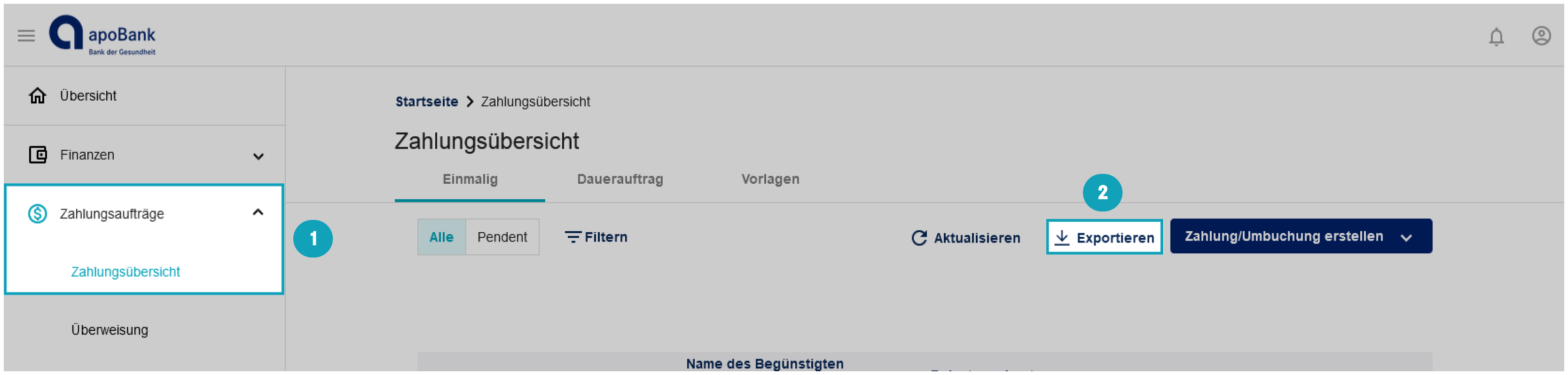 Das Bild zeigt, dass der Menüpunkt “Zahlungsaufträge” und der Untermenüpunkt “Zahlungsübersicht”(1) ausgewählt wurde. 