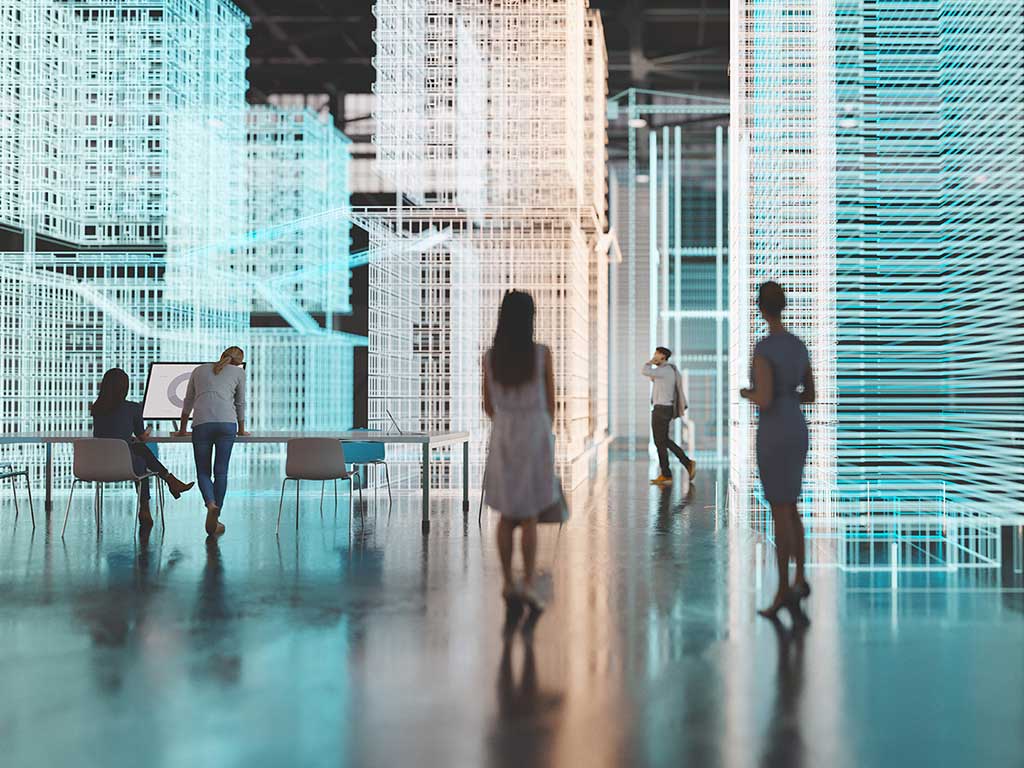 Menschen in einem futuristischen Raum