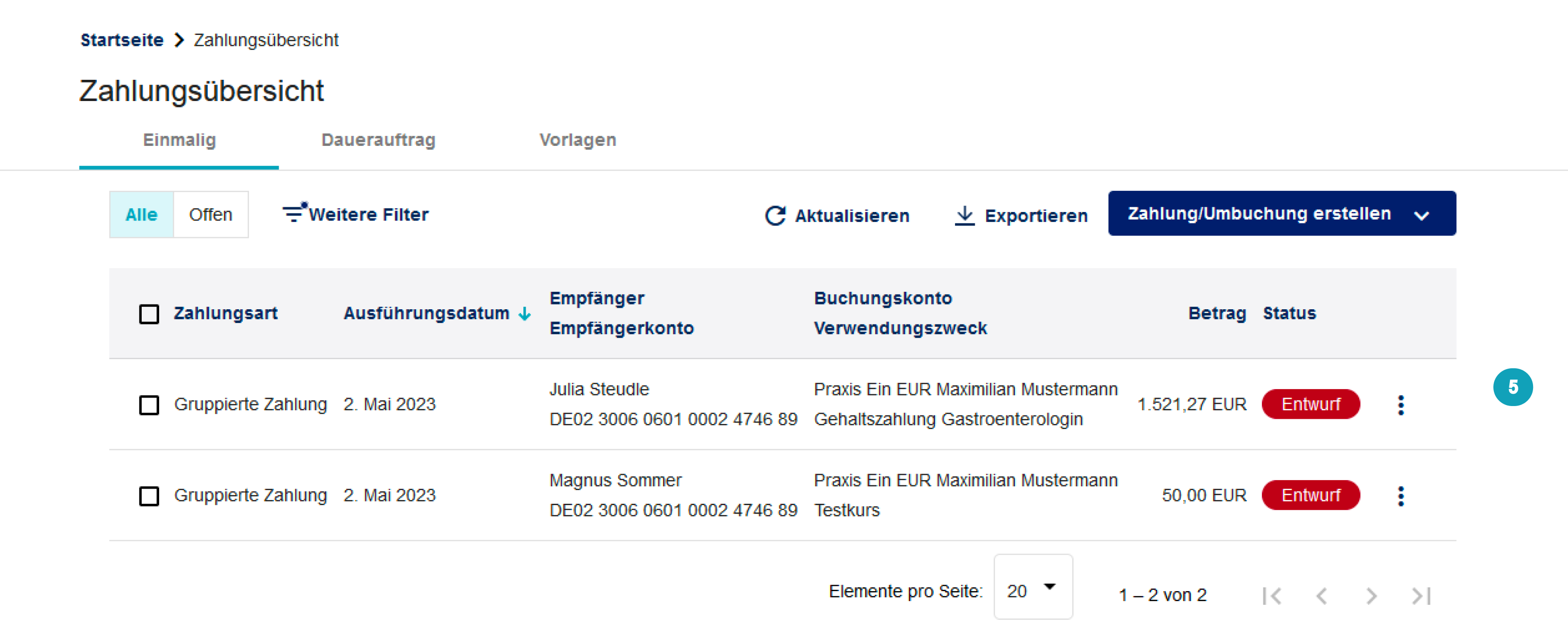Das Bild zeigt die Übersicht aller gruppierten Zahlungen.