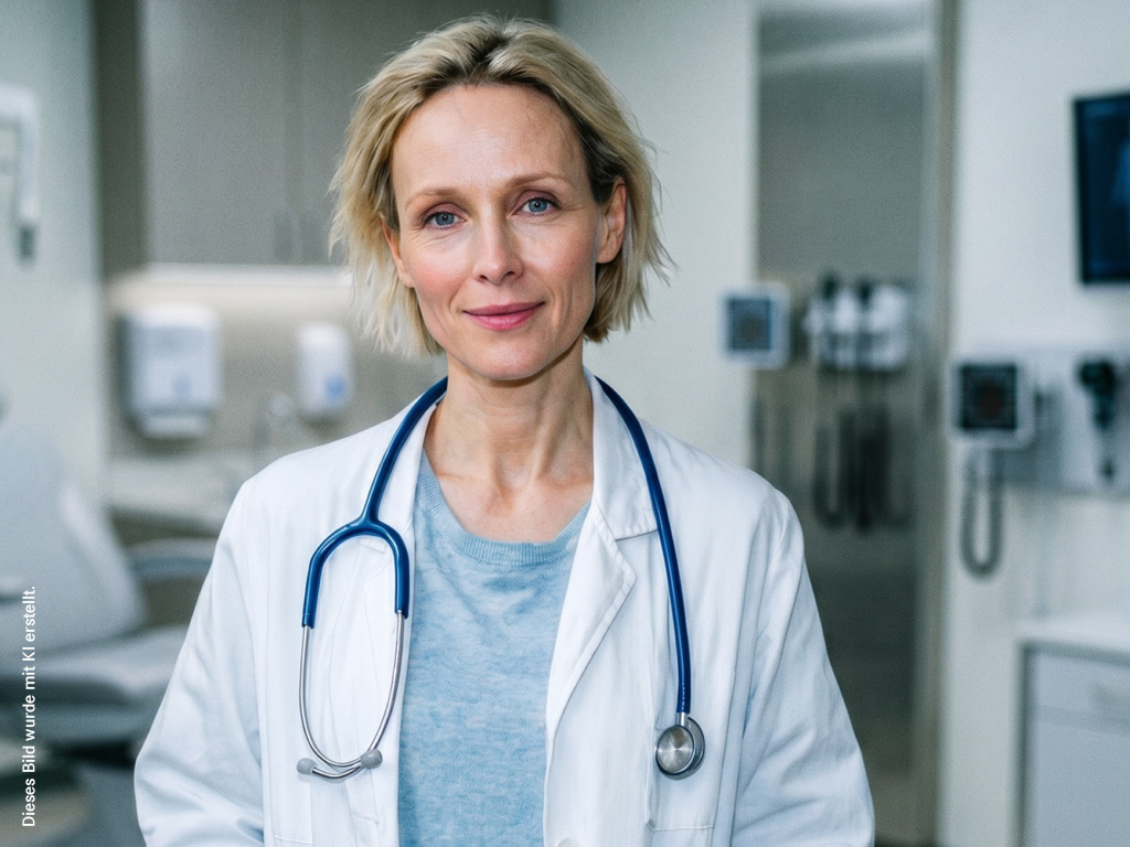 Frau mit weißem Arztkittel und Stethoskop um den Hals steht in einer medizinischen Praxis