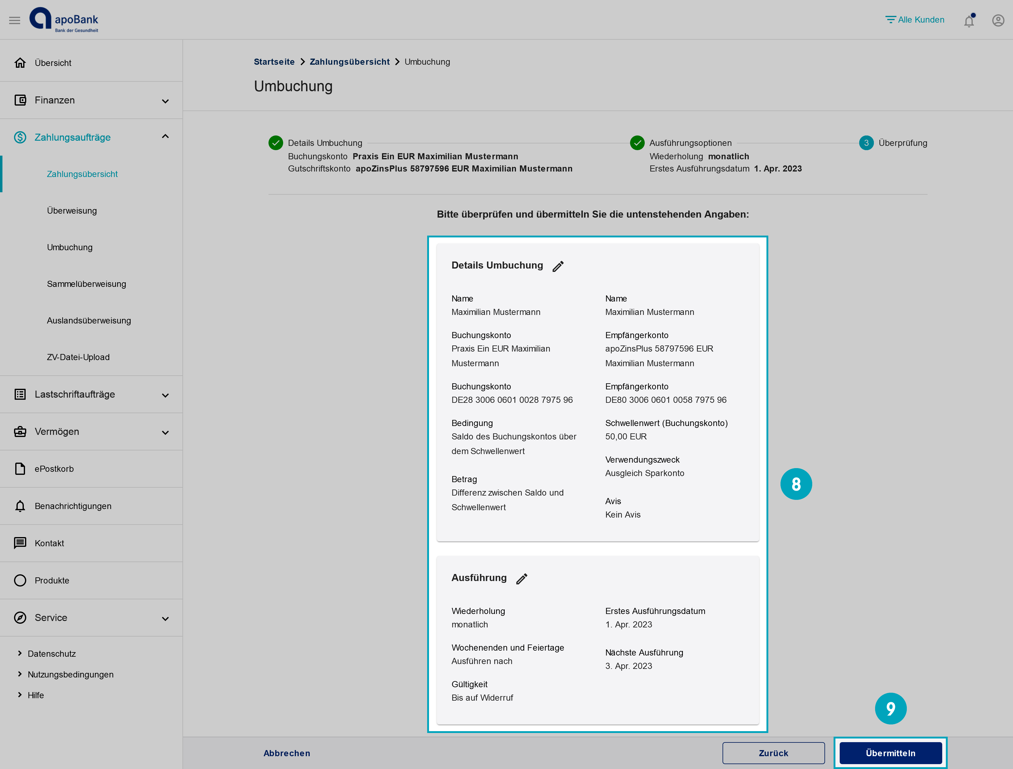 Der Screenshot zeigt, wie Sie  in der abschließenden Übersicht Ihre Angaben zur Umbuchung prüfen.