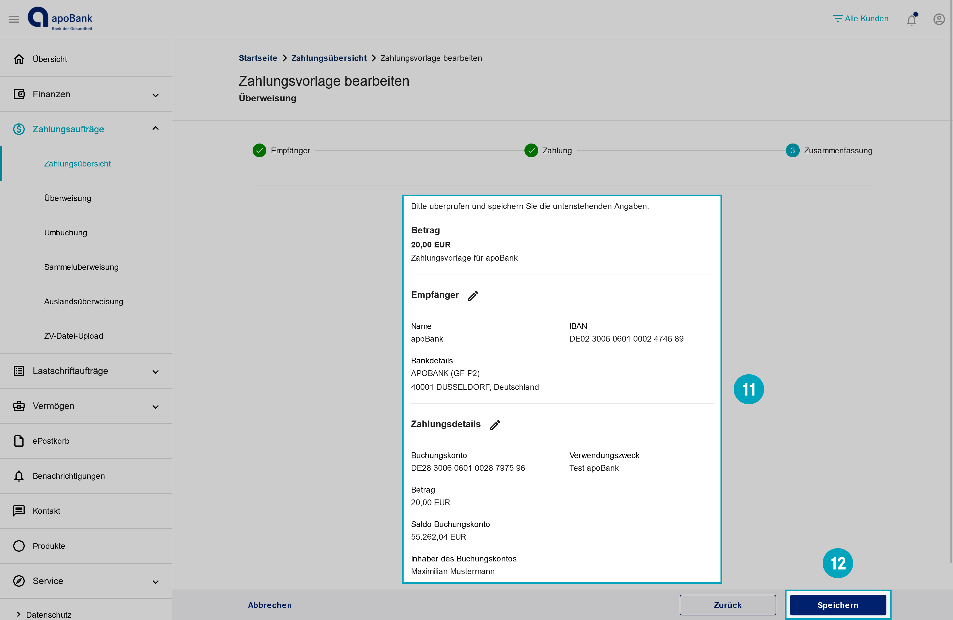 Der Screenshot zeigt, wie Sie die Zahlungsdetails Ihrer neuen Zahlungsvorlage prüfen.