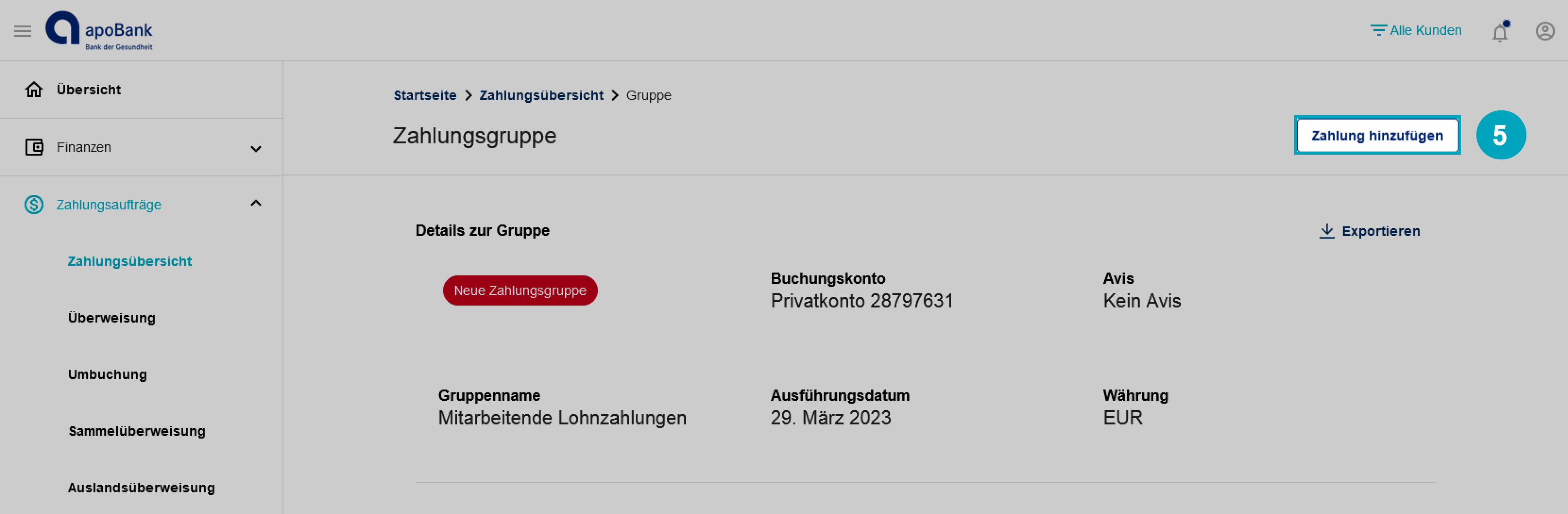 Der Screenshot zeigt eine Zusammenfassung Ihrer Angaben in Bezug auf die Gruppe.