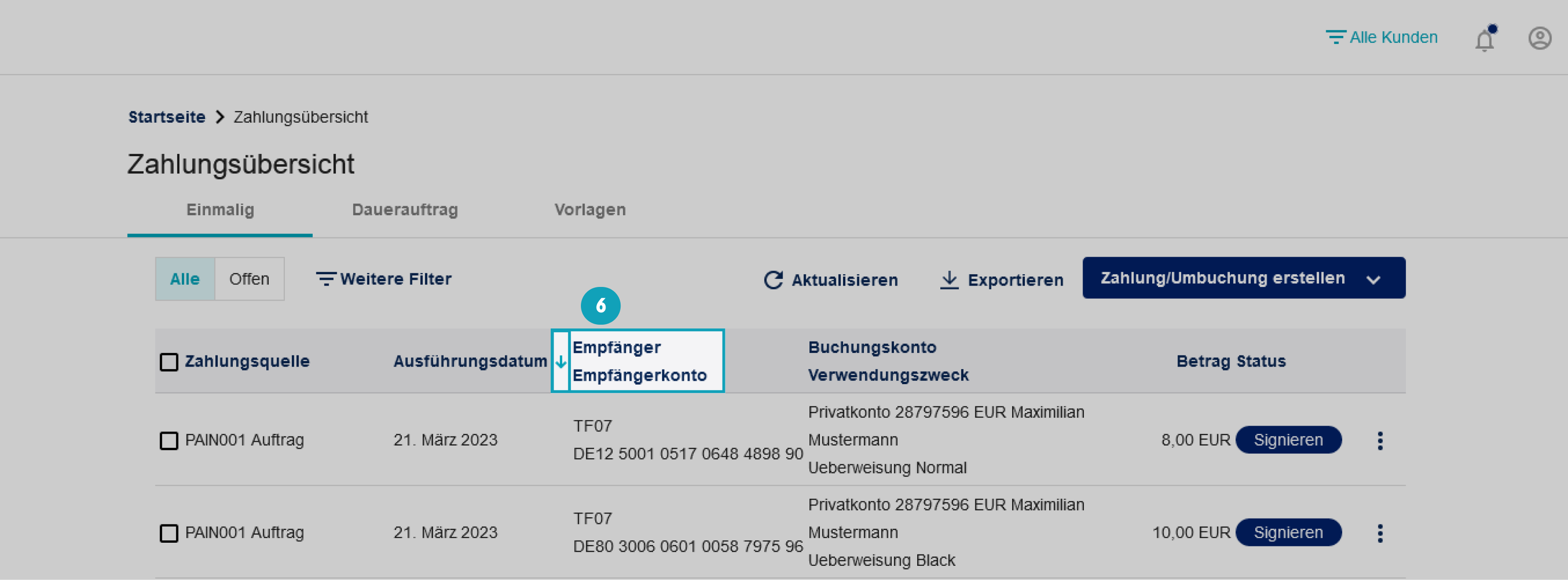 Das Bild zeigt, die Verwendung von Seitenfiltern, indem Sie auf die Überschrift in der jeweiligen Überschrift der Tabelle klicken.