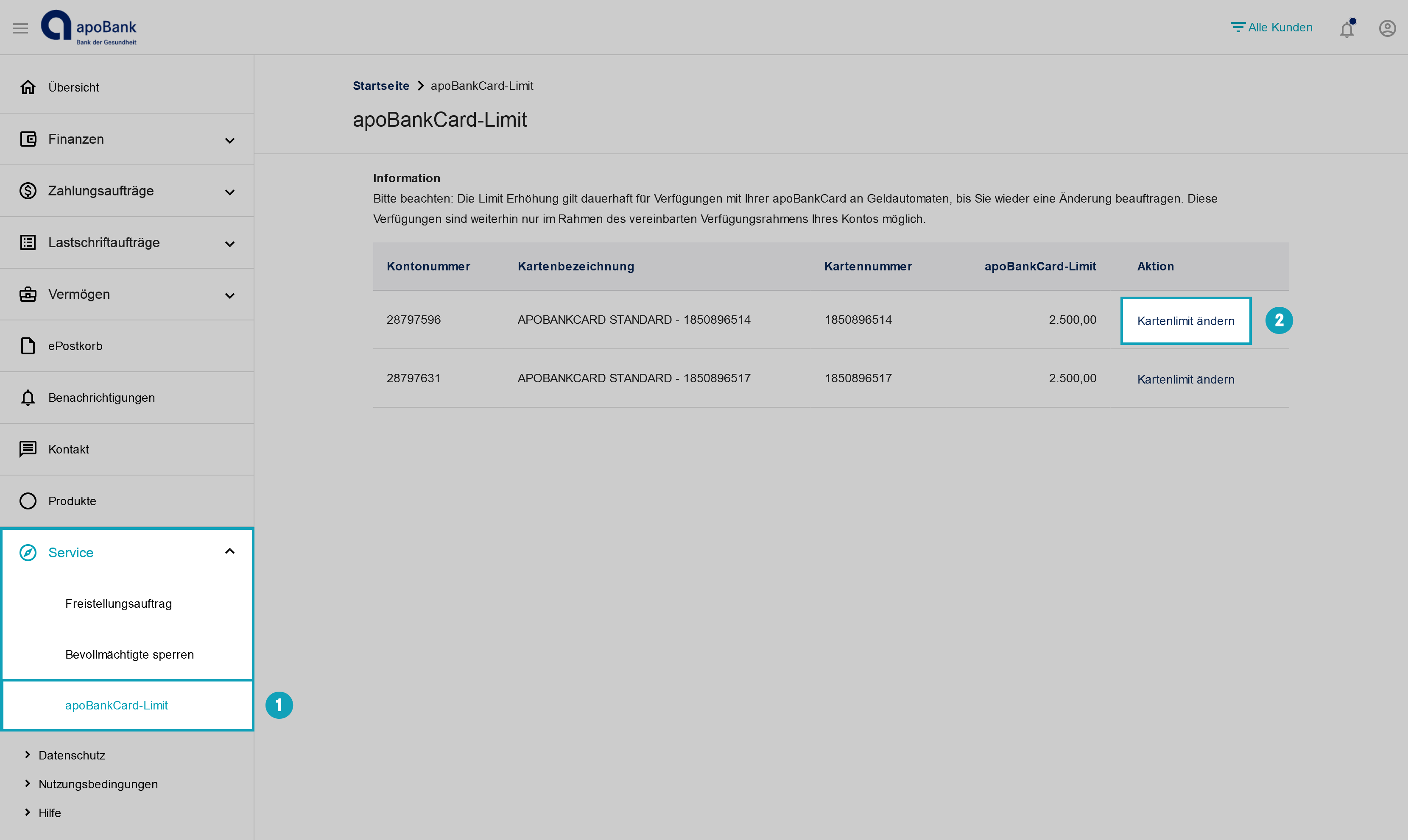 Der Screenshot zeigt, wo Sie das Ihr apoBankCard-Limit ändern.