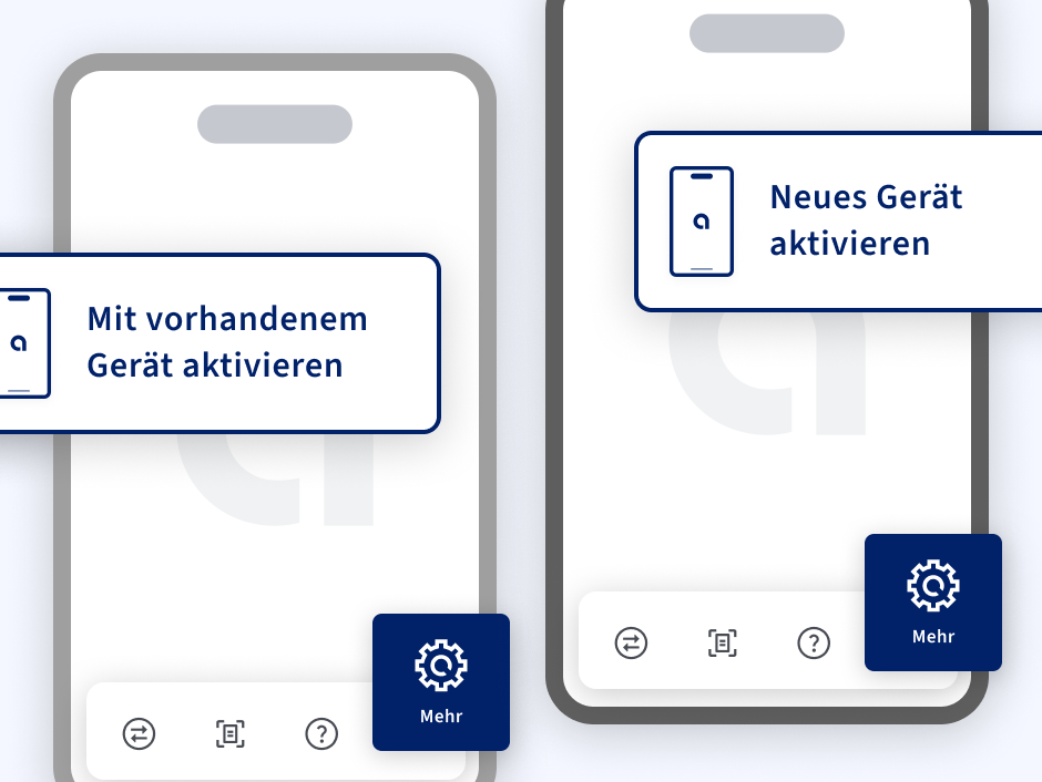 Altes und neues Smartphone. Text altes Gerät: "Mit vorhandenem Gerät aktivieren". Text neues Gerät: "Neues Gerät aktivieren".