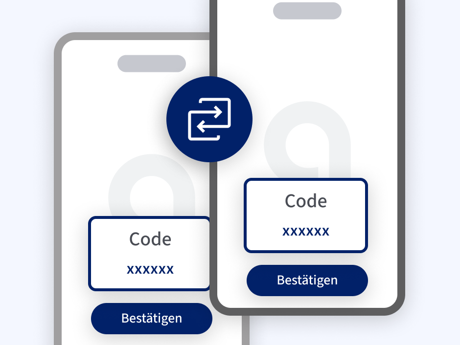Zwei Smarphones mit Verbindunspfeil. Auf beiden Bildern steht Code xxxx dann Bestätigen