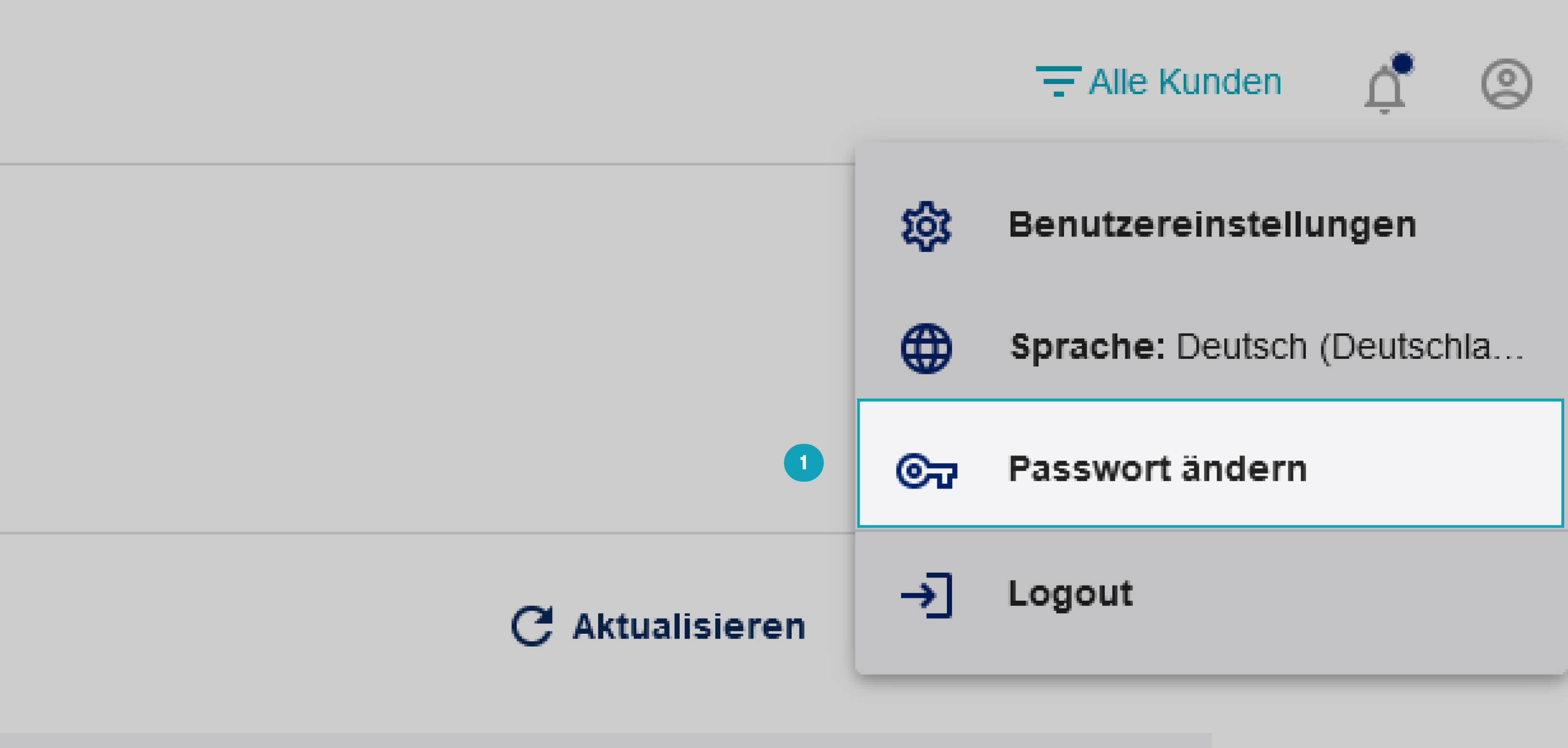 Das Bild zeigt, wo Sie über das Profil-Icon den Abschnitt “Passwort ändern” auswählen. Das Bild zeigt, wo Sie über das Profil-Icon den Abschnitt “Passwort ändern” auswählen.