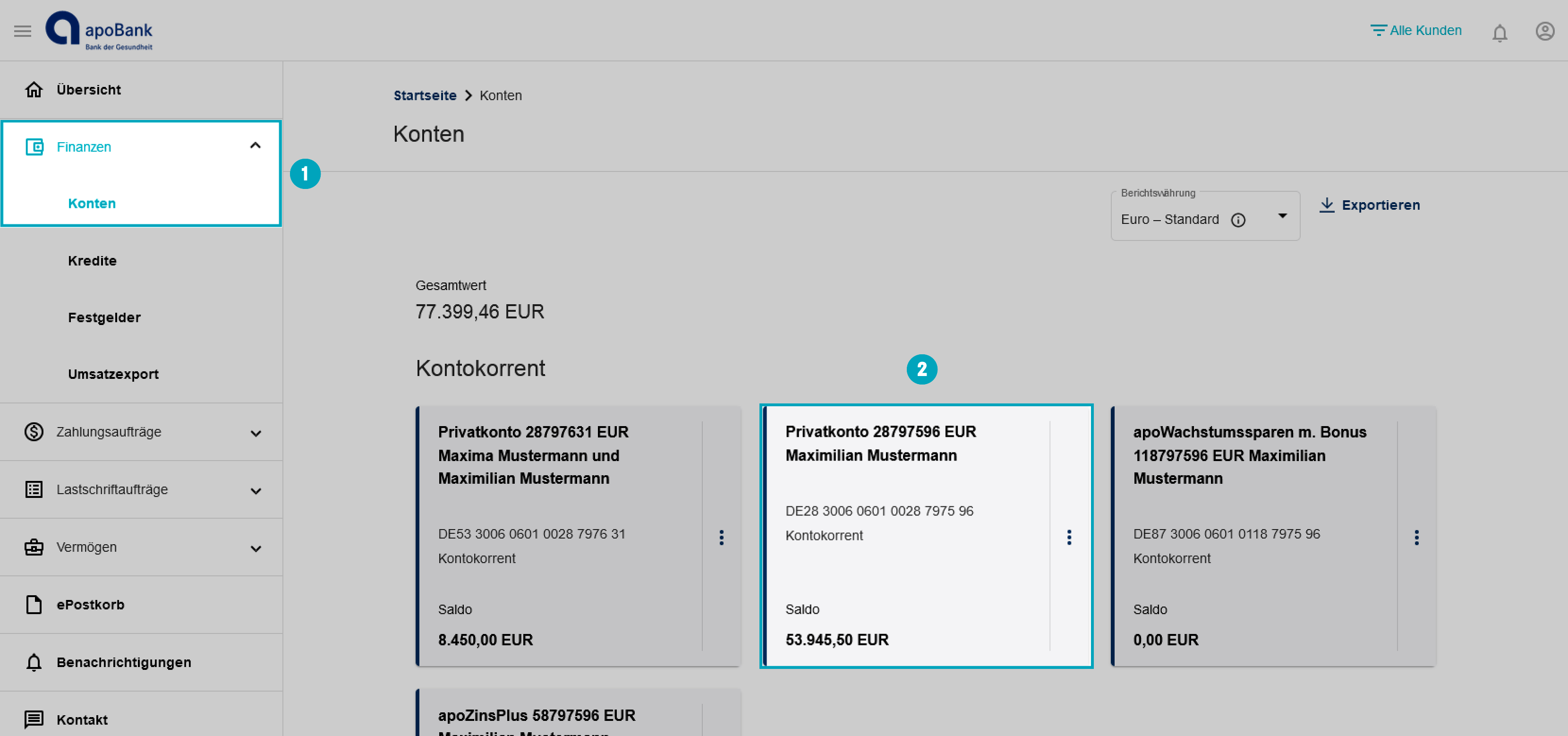 Screenshot der Navigationspunkte zur Umsatzübersicht im Online-Banking.