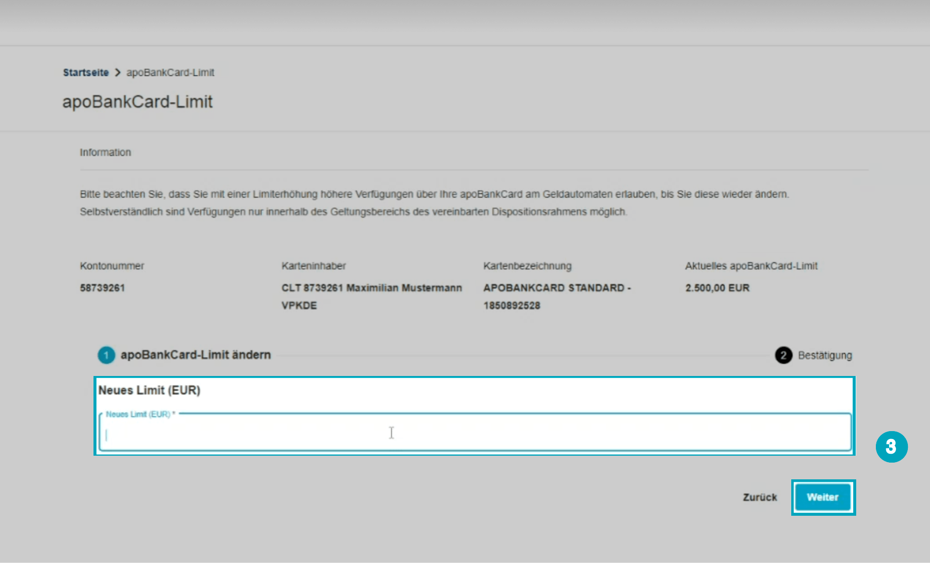 Der Screenshot zeigt, wo Sie abschließend das neue Kartenlimit bestätigen.