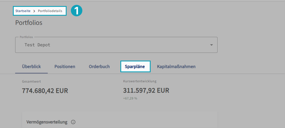 Screenshot des apoBank‑Online‑Bankings: In den Portfoliodetails eines Depots ist der Reiter ‚Kapitalmaßnahmen‘ markiert, daneben werden Depotwert und Kursentwicklung angezeigt.