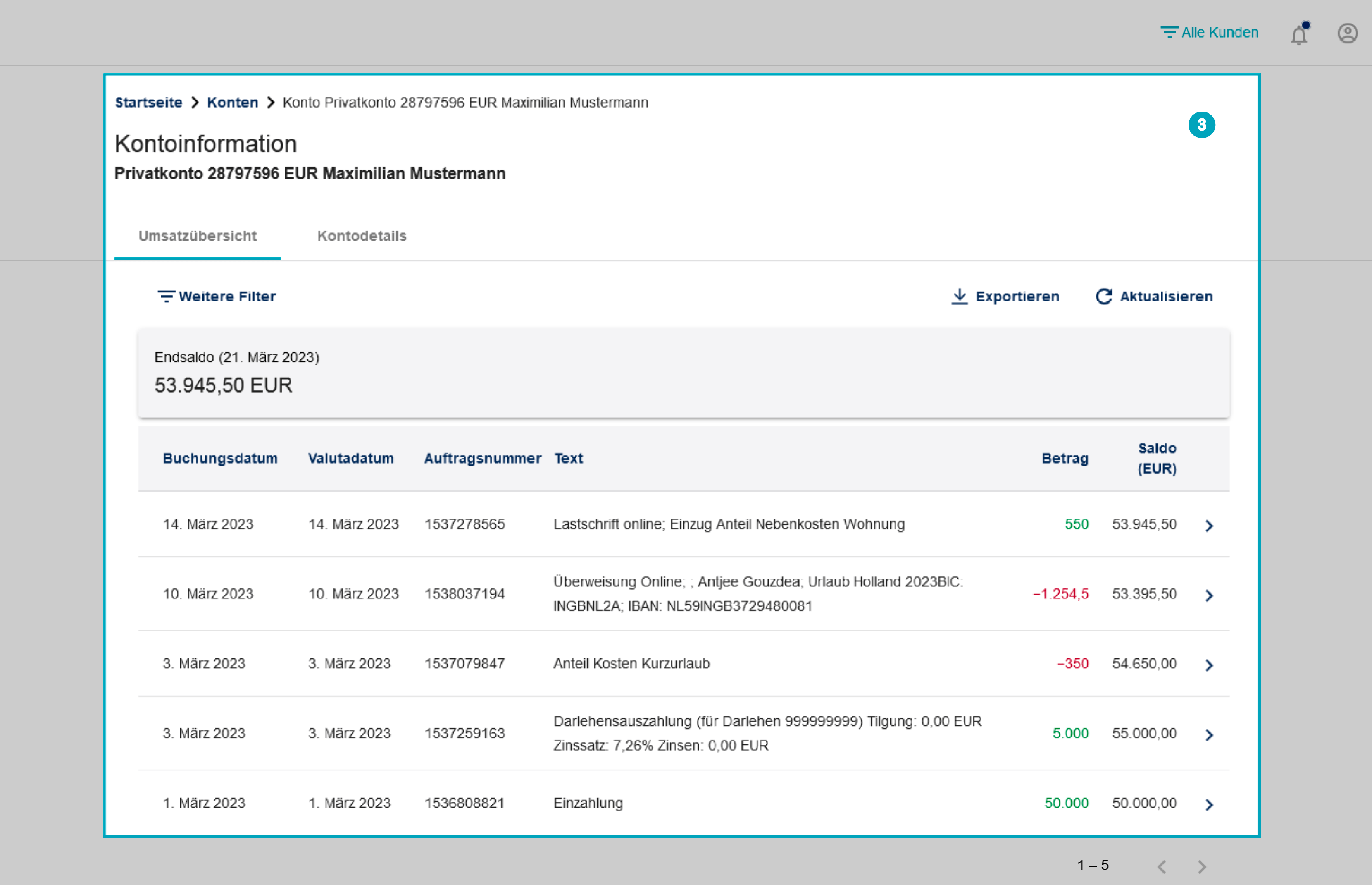 Screenshot der Navigationspunkte zur Umsatzübersicht im Online-Banking.