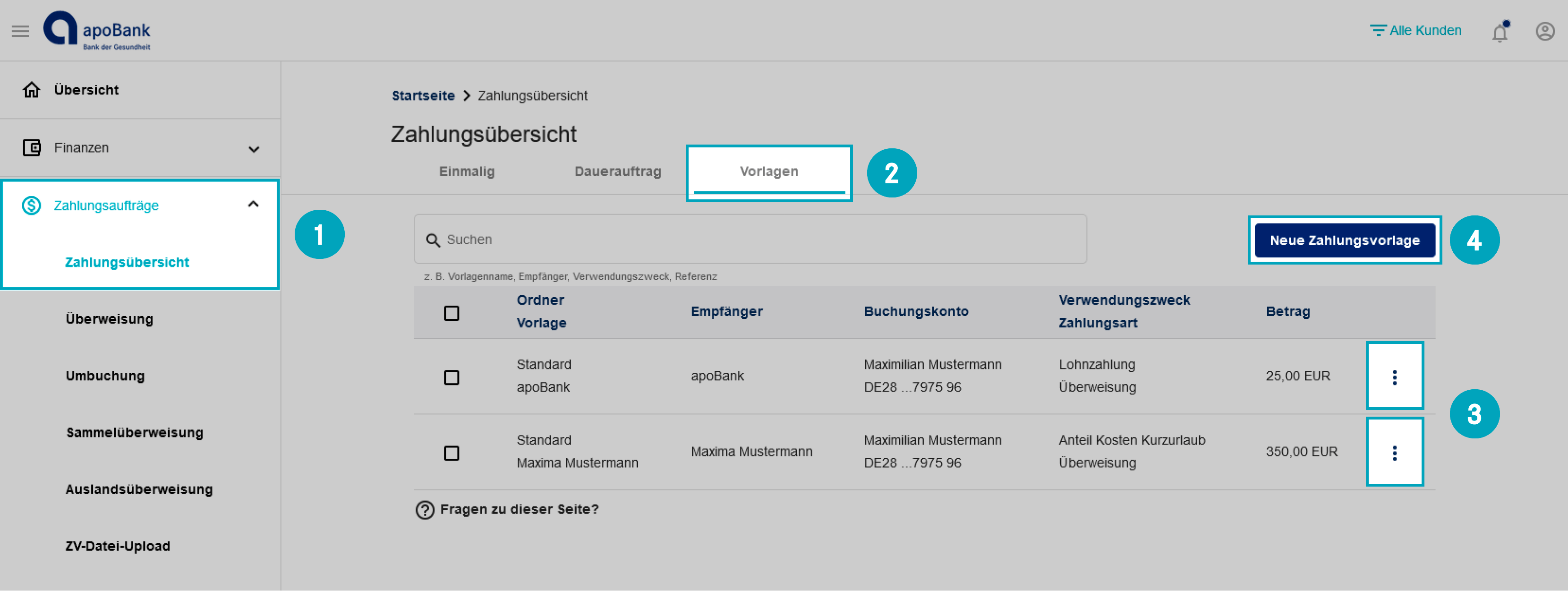Sie erhalten zunächst eine Übersicht über alle Vorlagen, die bereits in Ihrem Online-Banking existieren. Der Screenshot zeigt, wie Sie zunächst eine Übersicht über alle Vorlagen erhalten, die bereits in Ihrem Online-Banking existieren.