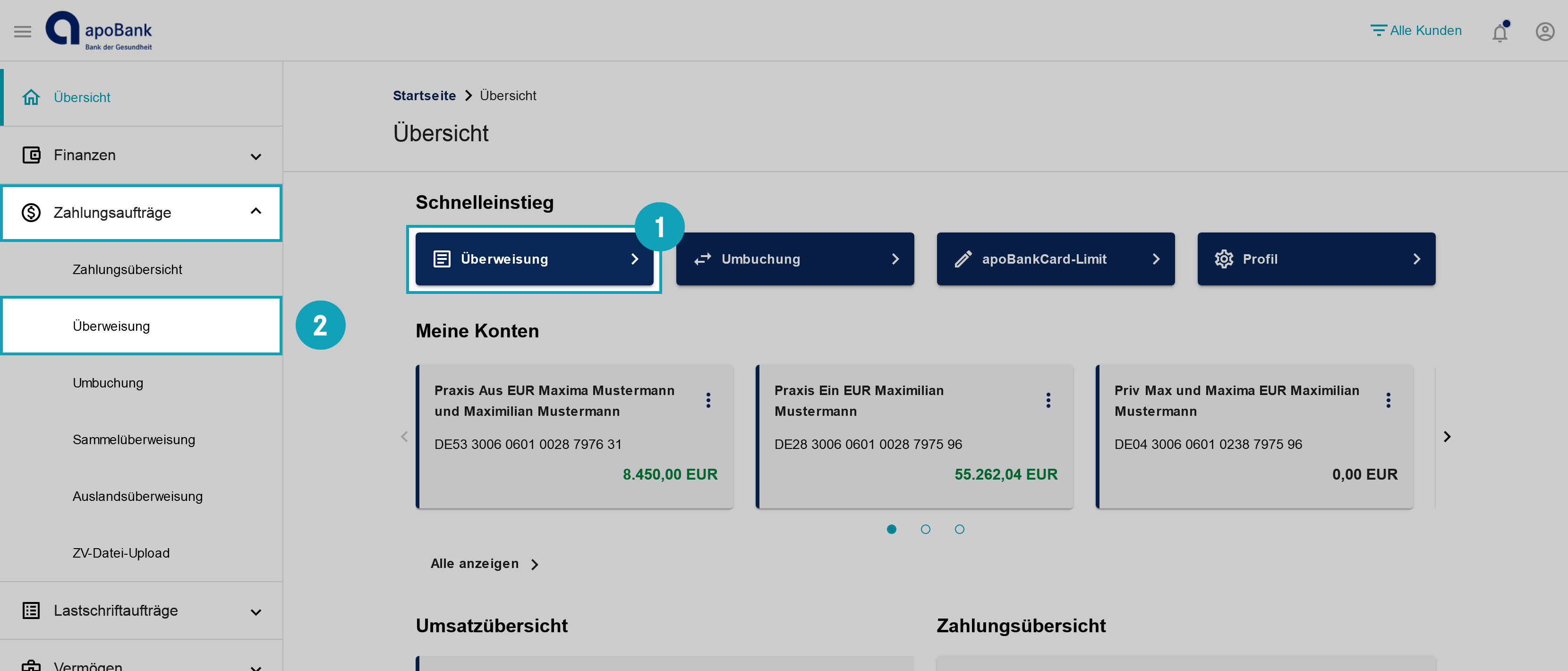 Der Screenshot zeigt, wie Sie im ersten Schritt die Kontonummer, den Namen des Zahlungsempfängers und die Zahlungsart festlegen.