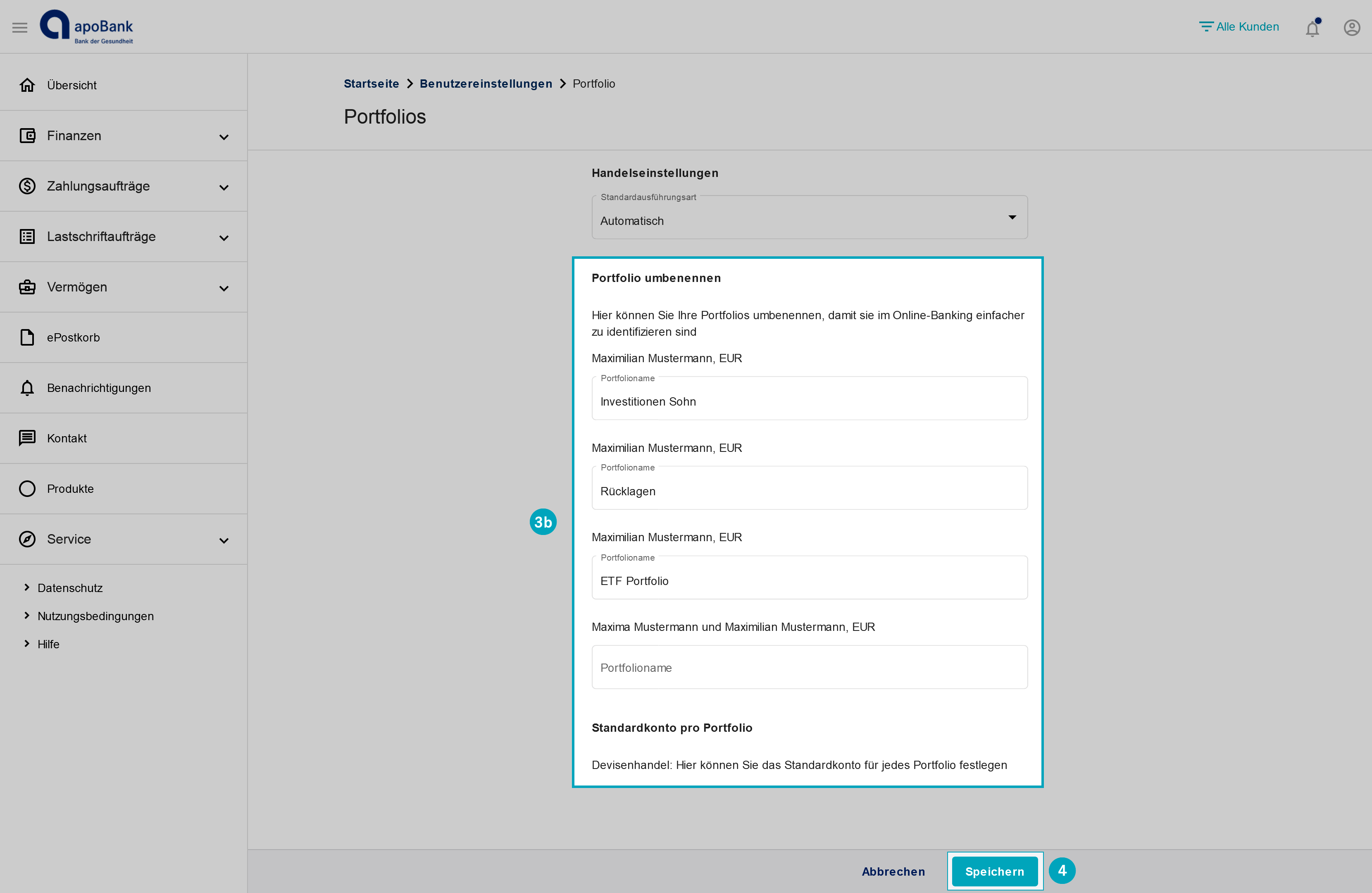 Der Screenshot zeigt, wie Sie Ihr  Konto oder Portfolio umbenennen.