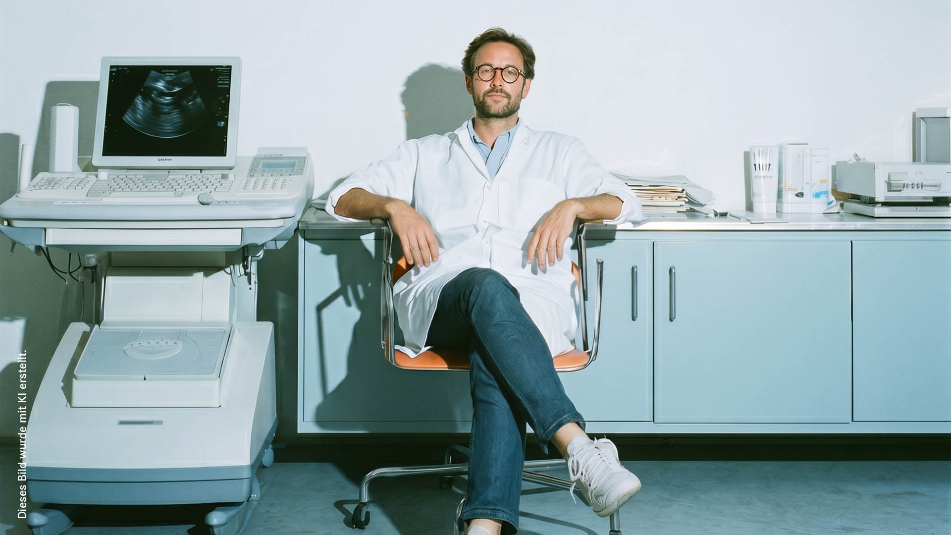 Ein Mann in einem weißen Laborkittel sitzt auf einem orangefarbenen Stuhl in einer Arztpraxis, neben einem Ultraschallgerät und einem Schrank mit medizinischen Geräten.